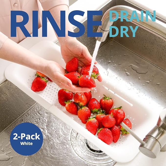 Blue Ginkgo Over Sink Colander, Extendable Kitchen Strainer, 2-Pack, White | Fits Most Sinks. Rinse, Drain and Dry with Ease.