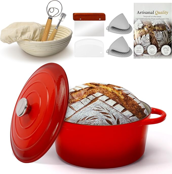 5QT Enameled Cast Iron Dutch Oven for Bread Baking with Lid, Sourdough Baking Supplies with Proofing Basket, Bread Making Tools Set, Heavy-Duty Cookware for Braising, Stews, Roasting(Red)