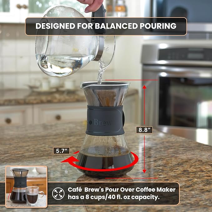Café Brew 8-Cup Glass Pour Over Coffee Maker with Permanent Filter | Brew rich, handcrafted coffee with heat-resistant borosilicate glass and a reusable BPA-free permanent filter.