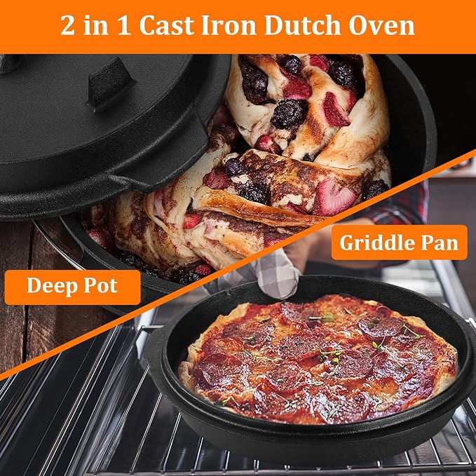 Leonyo 7QT Pre-Seasoned Dutch Oven Camping with Lid Lifter, 2-in-1 Pots | 2-IN-1 Cast Iron Camping Dutch Oven, Heat Conduction & Good Sealing & Heavy Duty