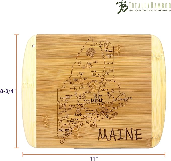 Totally Bamboo A Slice of Life Maine Engraved Map Cutting Board | 11” x 8.75” charcuterie board with engraved state map artwork. Smooth reverse side for food prep. Hang tie for wall display.