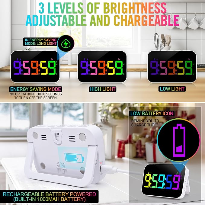 Kitchen Timer for Cooking, Rechargeable Digital Magnetic Timer with Large LED Display, Loud Alarm, Sound Countdown, 4 Volume Levels and 3 Brightness for Classroom, Study (RGB)