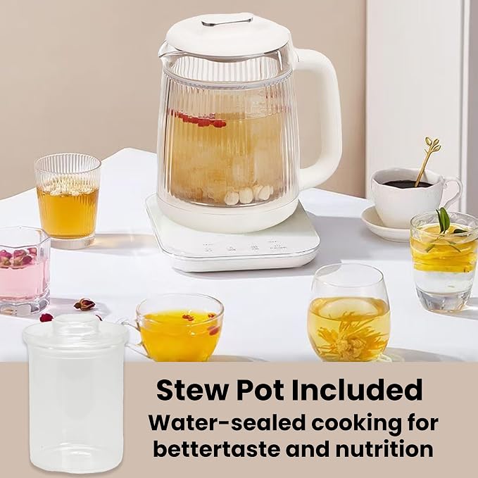 Double-Layer Electric Kettle1.5L with Stew Pot,Glass Health Pot, 9-in-1 Glass Tea Maker, Programmable Touch Panel, Stainless Steel Base for Soup, Porridge, Herbal Tea