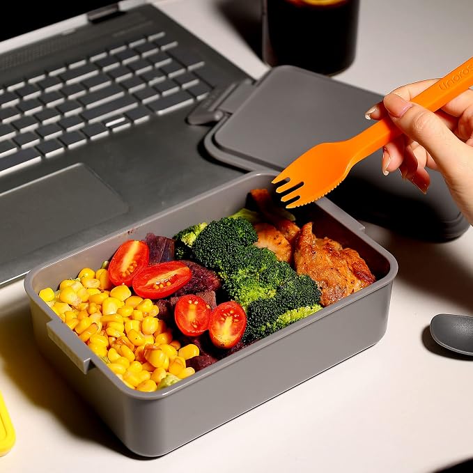Stackable 2-Tier Adult Bento Box, 4 Compartments - Ultimate Gray | leakproof sauce cups, utensil set included, microwave & dishwasher safe, 7 colors available, ideal for work/school/picnic