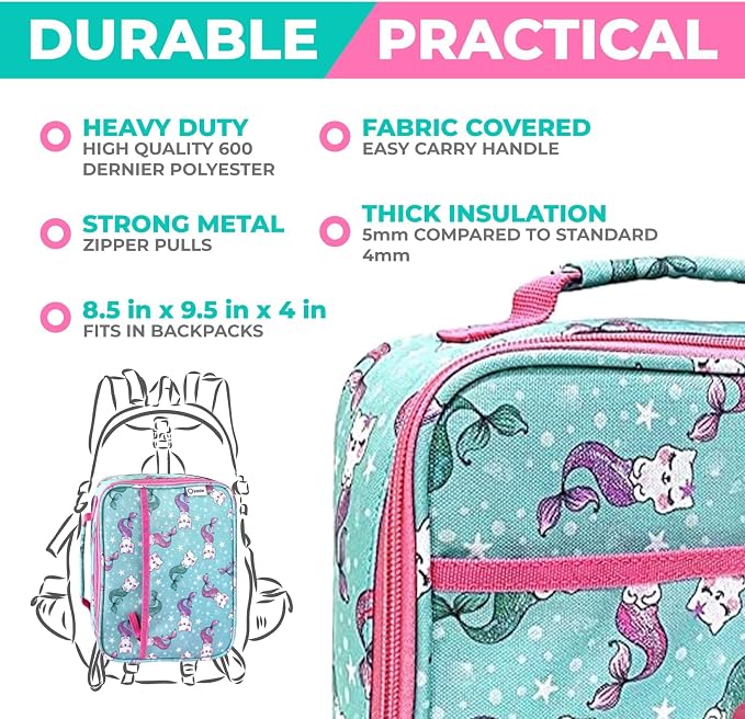 kinsho Bento Lunch Box Set with Thermo Bag & Ice Pack Pink Aqua Cat Mermaid | 5 Compartments, Removable Tray, Small Meal Snack Container for Kids Toddlers, Daycare Pre-School Kindergarten, Steel Food Jar