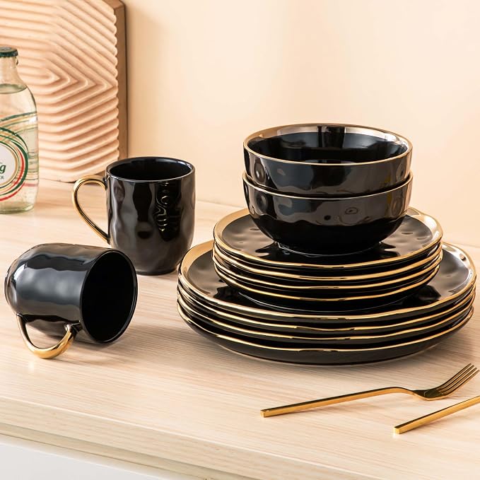LOVECASA 16 Pieces Plates and Bowls Sets, Porcelain Black and Gold Dinnerware Sets, Round Dinner Plates Dishes Set Service for 4, Dishwasher Safe and Scratch Resistant, Black