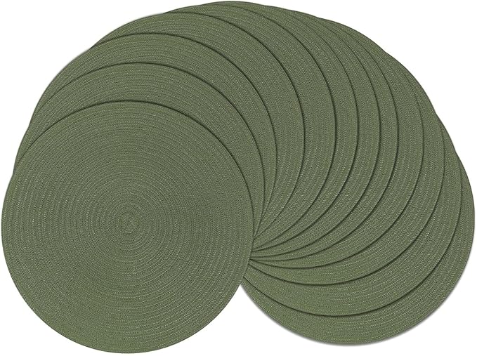 SHACOS Round Placemats Set of 12 Washable 15 inch Round Table Mats Cotton Polyester Woven Braided Place Mats for Dining Table Wedding Party Decor (Olive Green, 12)