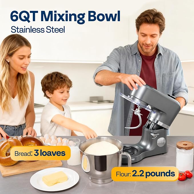 VIVOHOME Stand Mixer with Dough Proofing, 6-Quart Tilt-Head Mixer, Gray | One-Touch Programs, Adjustable Temperature & Time, Flex Edge Beater, Dough Hook, Whisk, Stainless Steel Bowl, Splash Guard