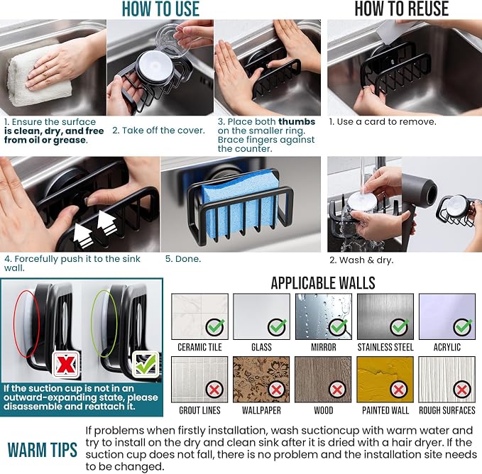 TAILI Black Sponge Holder for Kitchen Sink with Strong Suction Cup | Removable Sink Caddy for Kitchen Sink Oganizer, Rustproof Aluminum Sink Sponge Holder for Scraper Brushes, Stoppers