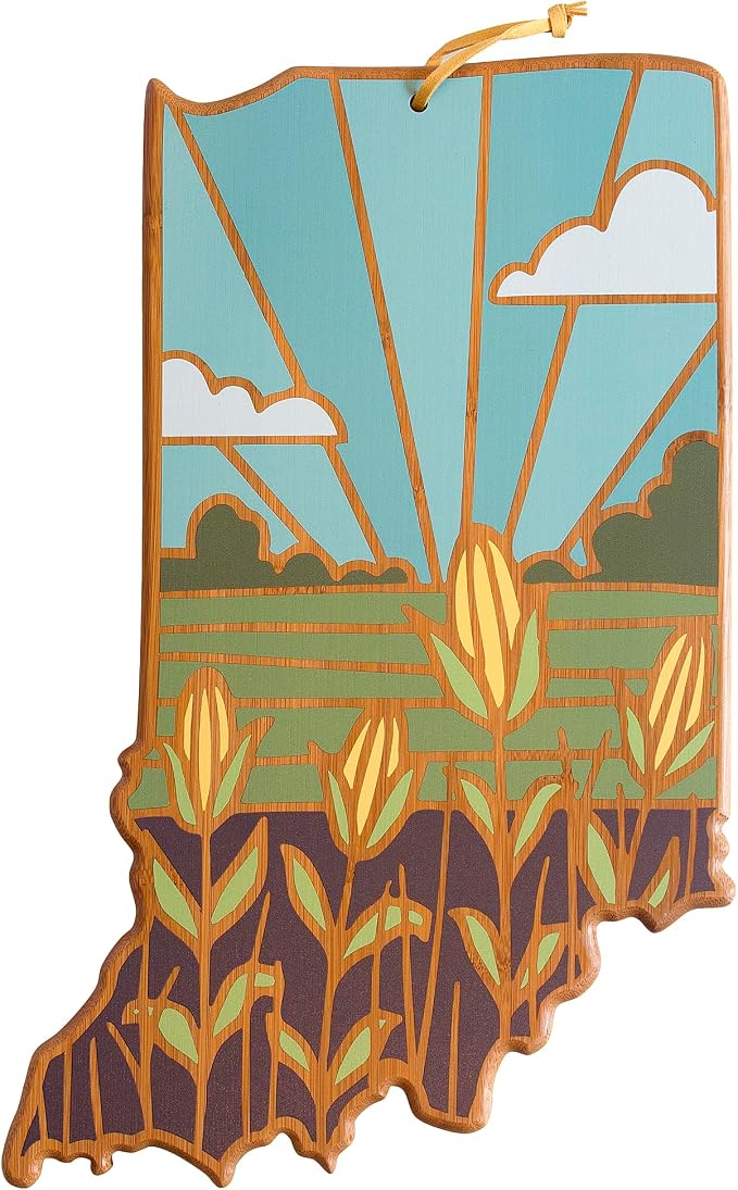 Totally Bamboo Indiana State Shaped Cutting Board, Summer Stokes Art | State charcuterie board with colorful hand-drawn landscape art. Smooth reverse side for food prep. Hang tie for wall display.