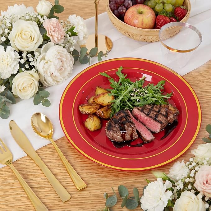 175 Pieces Red Plastic Plates with Gold Rim Include Dinner Plate 10" Dessert Plate 7" gold Cups 9 OZ, Pre Rolled Napkins 25 of each type for Wedding/Party/Birthday