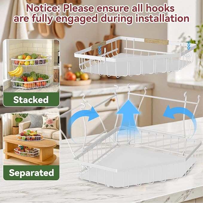 2 Tier Fruit Basket for Kitchen Counter with 2 Banana Hangers for Corner | Detachable Metal Fruit Bowl with Wooden Handle, Large Capacity Fruit Stand for Bread Fruit and Vegetable Storage, White