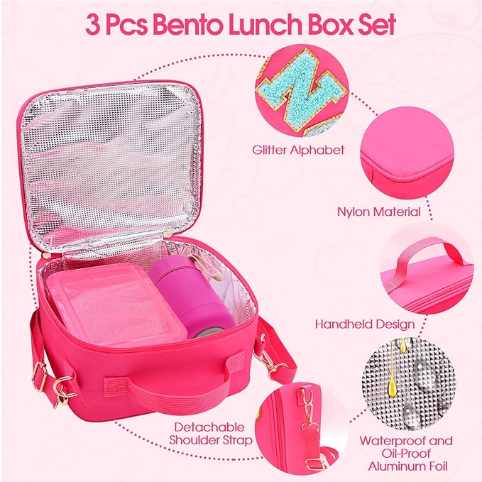 PainZieteg Lunch Box for Girls with 10oz Thermo 6 Compartment Bento Set | Nylon Insulated Lunch Bag with Adjustable Strap, Ideal for Kids, Teens School, Travel, Picnic, Leakproof Thermal Pouch, Green