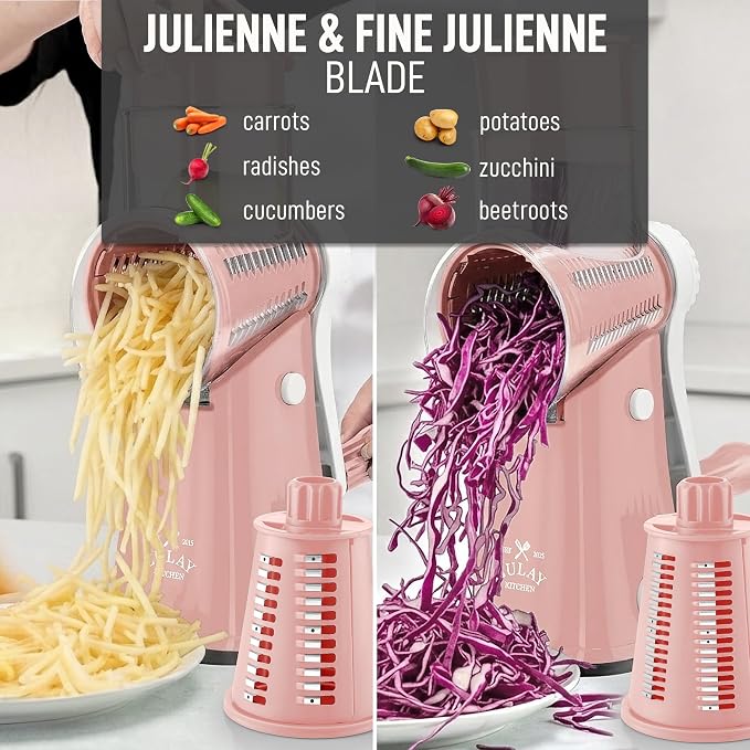 Zulay Kitchen Rotary Cheese Grater 5 Blade Cheese Shredder - Manual Hand Crank Cheese Grater With Reinforced Suction & 5 Interchangeable Drums - Easy to Use, Vegetable Chopper Round Mandoline Slicer