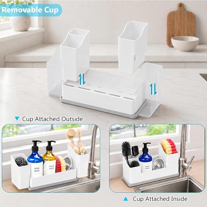 Sponge Holder for Kitchen Sink with Drying Stone, White | Kitchen Caddy Sink Organizer, 2 Removable Cups, Premium ABS, Anti-Slip, 12.7" Sponge and Soap Holder for Kitchen Counter