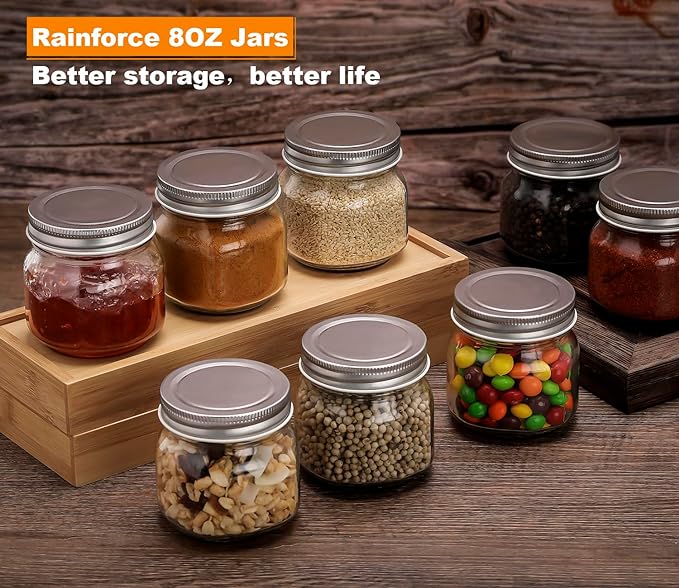 Rainforce Mason Jars 8 oz 30 Pack Small Glass Caning Jars with Silver Lids | 1/4 Quart canning jars regular mouth with 20 labels,1 pen.For food storage,meal prep,jelly,jam,honey,pickles,spice glass jars