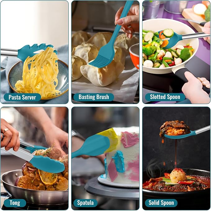 E-far 14 Pieces Silicone Cooking Utensils Set, Kitchen Utensils Set with Holder, Spatula, Ladle, Spoon, Tong, Slotted Turner for Nonstick Cookware, 446°F Heat Resistant & Stainless Steel Handle, Blue