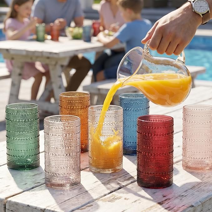 Khen Plastic Hobnail Drinking Highball Glasses Set of 6 Neutral Tones Cups 14oz, Shatterproof & Unbreakable Acrylic Beaded Design, BPA-Free, Dishwasher Safe Indoor/Outdoor Drinkware Water, Cocktails