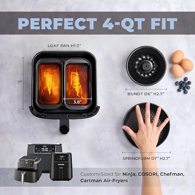 Cartman Air Fryer Pan Set, 4-Piece Nonstick Air Fryer Accessories | Fits Ninja, Chefman, Cosori, Instant Pot, For 4-6 QT Air Fryers, Oven Safe to 450°F, Springform Pan, Bundt Pan, 2 Loaf Pans