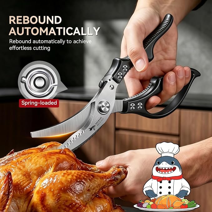 MAD SHARK Heavy Duty Poultry Shears,Spring Loaded Butterfly Meat Scissors | Non-Slip Handle Kitchen Shears, Safety Lock, All Purpose Kitchen Scissors for Chicken, Meat Cutting, Turkey, Fish, Vegetables