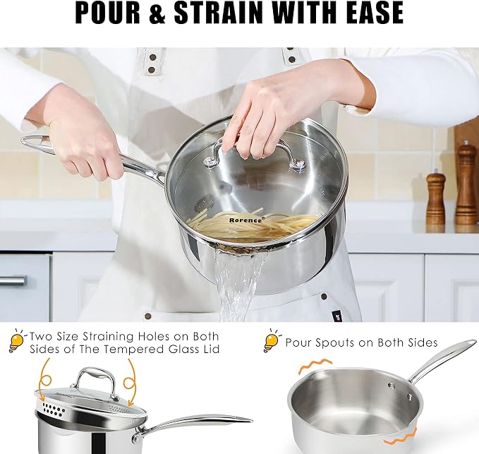 Rorence 3-Quart Saucepan with Lid: Pour and Strain Stainless Steel Sauce Pan with Pour Spouts, Capsule Bottom & Tempered Glass Lid | Pour and Strain, Pour Spouts, Capsule Bottom, Tempered Glass Lid