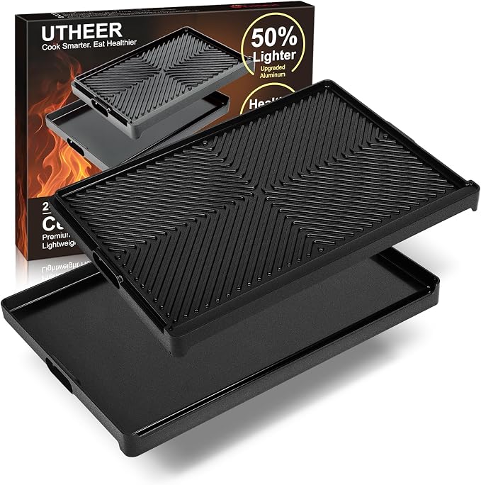 Utheer 23 x 16 Inch Cast Iron Aluminum Griddle for Gas Grill & Stove Top | Universal Cast Iron Aluminum Flat Top Griddle With Dual-sided Cooking for Outdoor，Barbecue, Kitchen and Camping