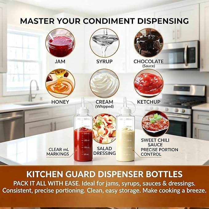 Supervalue Pack of 4 Pieces Kitchen Condiment Dispensers, 2 Glass Oil Spray Bottle(3 Oz) and 2 Squeeze Bottle (12 Oz) Set, with Measurements