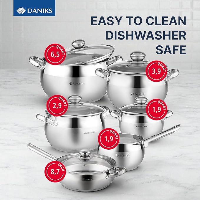 Daniks Classic 11-Piece Stainless Steel Cookware Set with Glass Lids, Includes Saucepan and Frying Pan with Lid, Tri-Ply Bases for Even Heating, Induction Compatible, Dishwasher Safe
