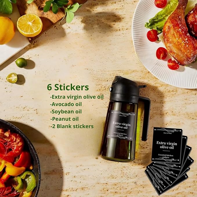 DUTHINGS - 16oz Oil Sprayer for Cooking, Green Glass Olive Oil Dispenser Bottle with Spray & Pour, Cooking Oil Sprayer with Labels