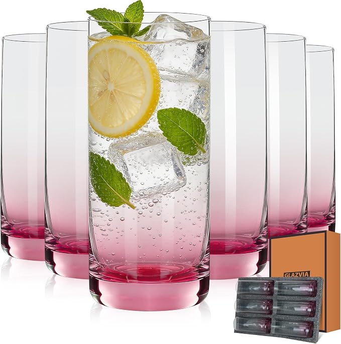 Pink Highball Glasses Set of 6, Drinking Glass for Mixed Drink | 13oz ,Cups for Cocktail, Beer, Mojito, Water and Juice,Thick Tall Glassware for Kitchen, Restaurant, Home Bar and Parties