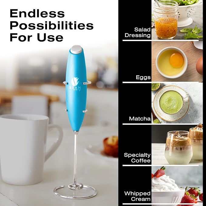 Bean Envy Milk Frother Handheld - Coffee Mixer Wand with Stand - Light Blue
