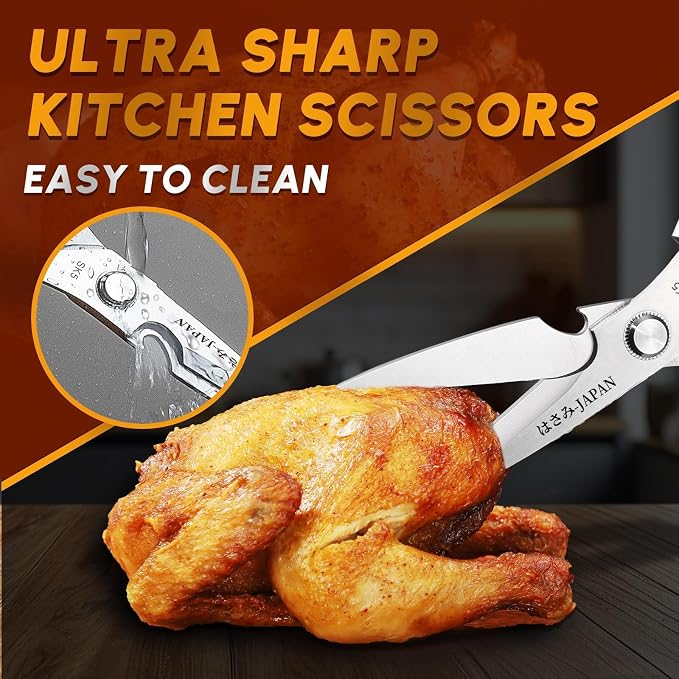 Huusk Kitchen Scissors for Food - Multifunction Kitchen Shears Heavy Duty | Japanese Stainless Steel Meat Scissors for Fish, Vegetables, Chicken Bones, Turkey, Comfortable Handles, Gifts for Women