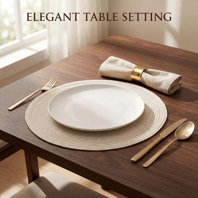 FunWheat Round Braided Placemats Set of 6 Easy Clean Place mats for Dining Tables Woven Heat Resistant Washable Table Mats 15 inches(Beige)