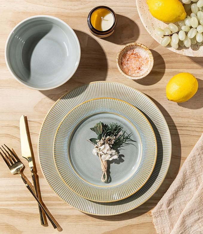 Ceramic Dinnerware Set for 4, 12-Piece Plates and Bowls Set | Lightweight Porcelain Dish Set, Scratch Resistant, Oven & Microwave & Dishwasher Safe, Desert Sage