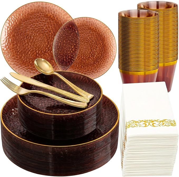DaYammi 175PCS Clear Amber Plastic Dinnerware Set, Plastic Plates Disposable Hammered Disposable Plates for Party, Include: 25 Dinner Plates 25 Dessert Plates 75 Gold Silverware 25 Napkins 25 Cups