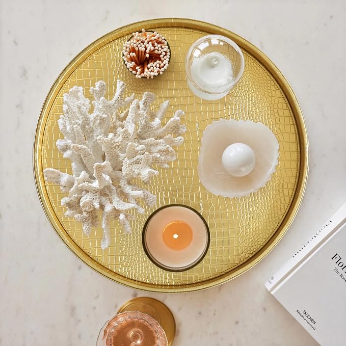 HofferRuffer Round Serving Tray 20'', Elegant Faux Leather Circle Ottoman Table Tray, Serve Tea Coffee Breakfast in Bedroom Living Room Kitchen (Gold, 20")