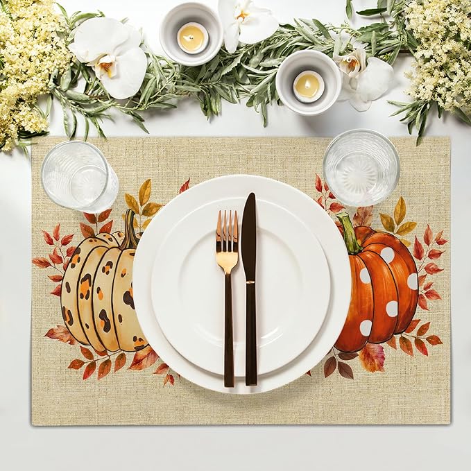 Fall Pumpkins Placemats Set of 6 18x12 Inch Autumn Thankful Linen Place Mats Heat-Resistant Washable Wipeable Thanksgiving Season Holiday Table Mat for Party Kitchen Dining Room Dinner Table Decor