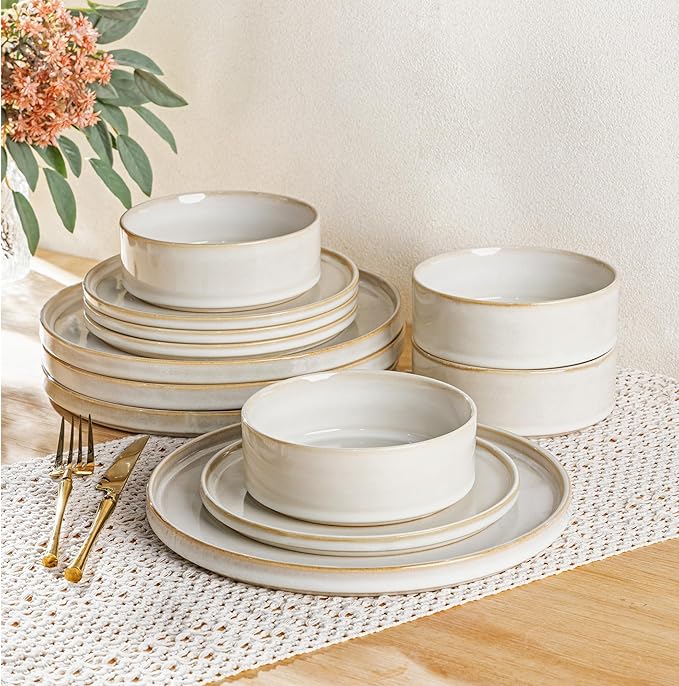 AmorArc Ceramic Dinnerware Sets for 4,12 Piece Plates and Bowls Sets Dishes | Stoneware Handmade Reactive Glaze Dishes Set | Highly Chip and Crack Resistant | Dishwasher & Microwave Safe
