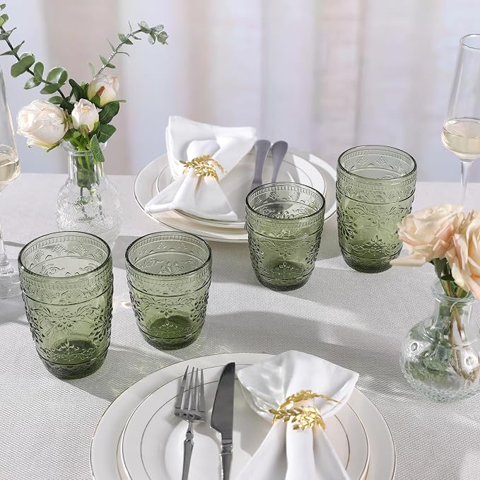 abrwyy Green Drinking Glasses, Vintage Glassware, 14oz Green Glass Cups | Lead-Free Glass, Thick&Durable Glass, Home Decoration, Drinking Glasses Set of 6
