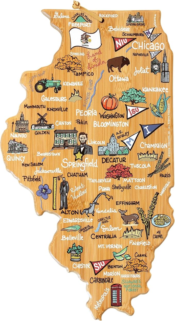 Totally Bamboo Illinois State Shaped Cutting Board, Art by Fish Kiss | State charcuterie board with colorful hand-drawn map artwork. Smooth reverse side for food prep. Hang tie for wall display.