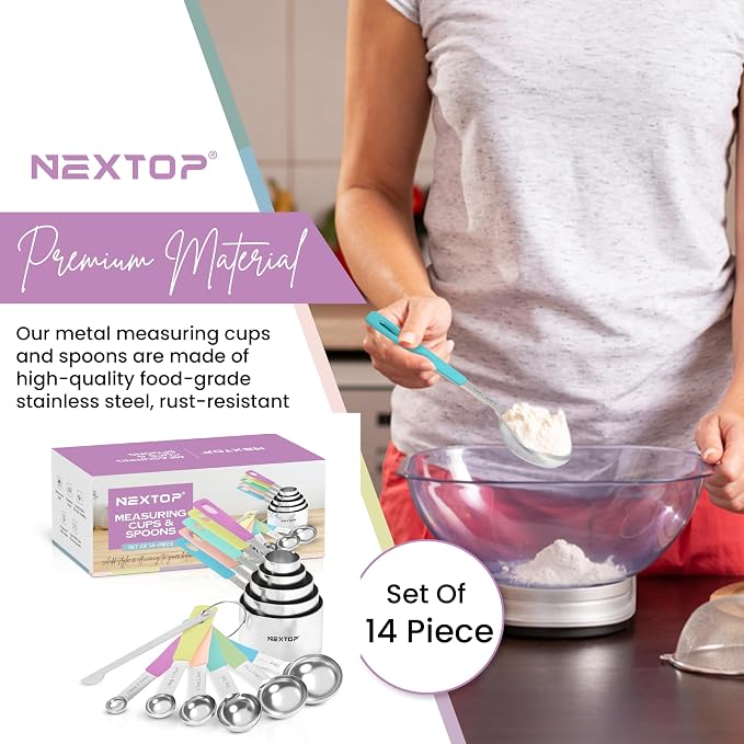 Nextop 14-Piece Stainless Steel Measuring Cups and Measuring Spoons Set with All Stackable Sizes and Leveler for Dry Ingredients, Complete Set for Kitchen & Baking Measuring Tools (Purple Set)