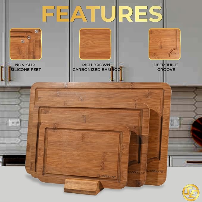 SliceElite Rich Brown Carbonized Bamboo Cutting Board Set 3 Piece Kitchen Boards with Deep Juice Groove Non Slip Silicone Feet Space Saving Rack Stand for Chopping Serving Meal Prep and Charcuterie