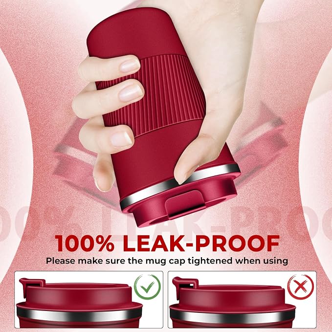 Insulated Coffee Tumbler 17 oz, Stainless Steel Coffee Mug with Lids, Travel Coffee Mug Leak Proof, Double Wall Vacuum Insulated Reusable Iced Coffee Cup, Keep Drinks Hot and Cold (Red, 17 Ounces)