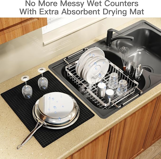 Dish Drying Rack Over The Sink with Utensil Holder, Mat | Expandable Stainless Steel Dish Drainer for Small Kitchen, Apartment, RV, Counter Space Saving, Perfect Fit, Rustproof