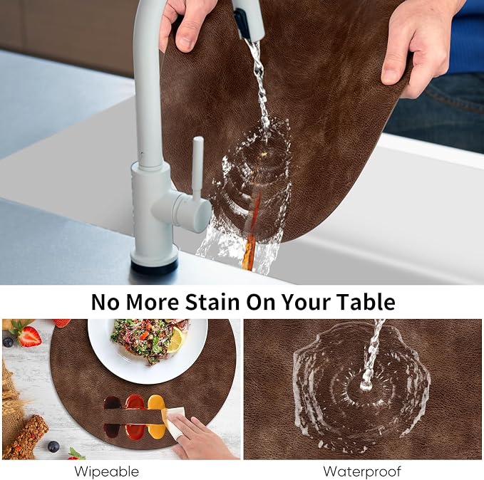 ADRIMER Placemats, Heat Resistant Round Placemats Set of 4 Washable, Waterproof Table Mats, Wipeable Faux Leather Place Mats for Kitchen, Dining Room, Brown