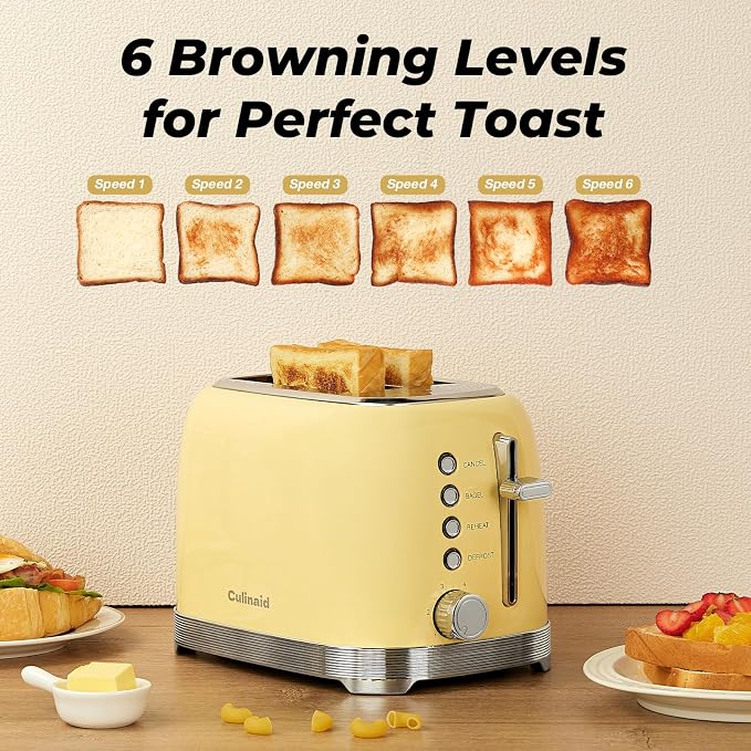 Toaster 2 Slice Retro Stainless Steel, Yellow | 1.5” Extra Wide Slots with Bagel, Defrost, Reheat, Cancel Functions, 6 Bread Shade Settings, Removable Crumb Tray