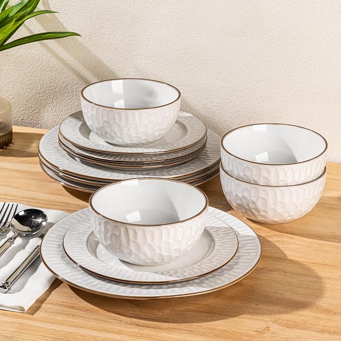 GBHOME Ceramic Dinnerware Sets of 4,12 pcs Plates and Bowls Sets Dishes | Embossed Elegant Stoneware Dishes Set | Dishwasher & Microwave Safe | Service for 4