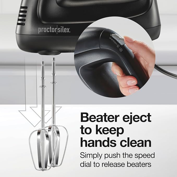 Proctor Silex Easy Mix 5-Speed Electric Hand Mixer with Bowl Rest | Compact and Lightweight | 215 Watts of Peak Power | Snap-On Storage Case | Black | 62512