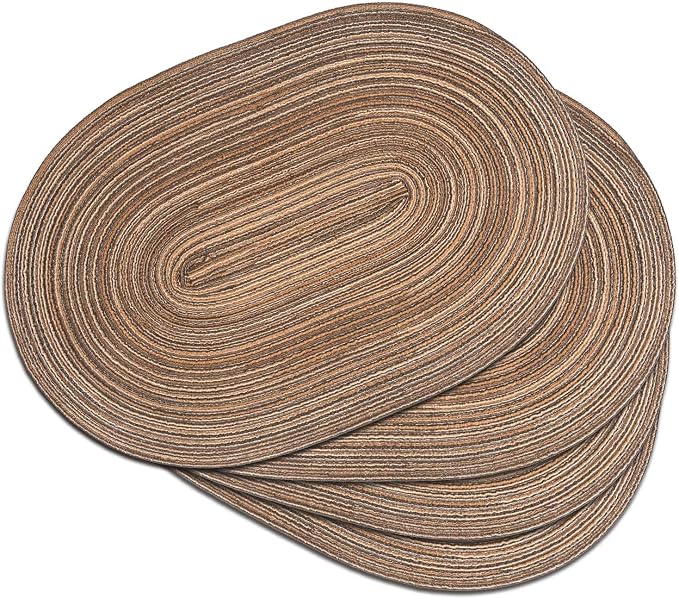 Placemats Set of 4, Woven Oval Braided Dining Table Mats(Brown) | 12 x 17.5 Inch Size Fits Plates and Flatware; Hand Washable and Heat Resistant for Kitchen Use, with Farmhouse and Boho Style