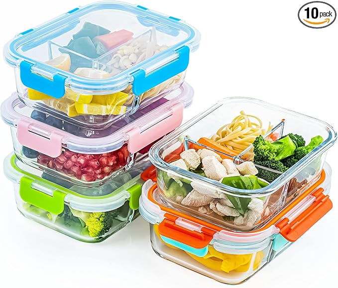 UMEIED Glass Meal Prep Containers 3 Compartment with Lids (5 Pack, 36oz) | Divided Glass Storage Containers for Lunch at Work, Leak-Proof Portion Control Food Containers, Microwave / Dishwasher Safe